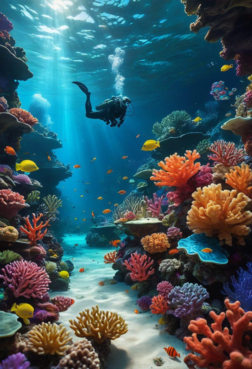 A captivating underwater scene featuring a diver exploring a vibrant coral reef, surrounded by various marine life representing different video games. In the background, large game controllers and iconic game elements are integrated into the coral formations. The diver holds a glowing tablet displaying a game walkthrough, illuminating the underwater landscape. The composition evokes a sense of adventure and discovery. super-realistic. vibrant colors. 3D.