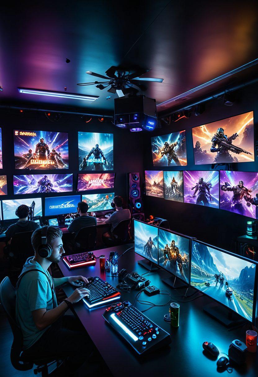 A dynamic gaming scene featuring a diverse group of gamers immersed in action, with glowing screens displaying various game genres around them. Include elements like game controllers, energy drinks, and gaming posters on the wall to create an immersive atmosphere. The background should represent different virtual worlds, from fantasy landscapes to futuristic cities. vibrant colors. super-realistic. 3D.